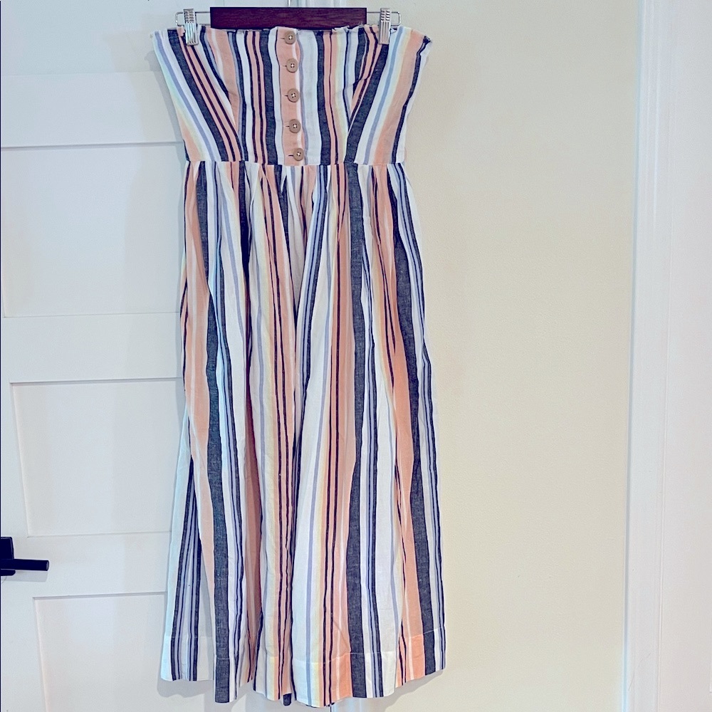 Anthropologie Pink Blue Striped Strapless Maxi Dress- Pockets Size Medium EUC